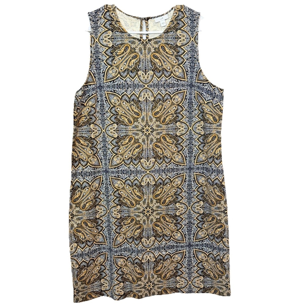 J Jill Dress Large Paisley Sleeveless Shift‎ Stretch Knit Black Gold NWT Summer